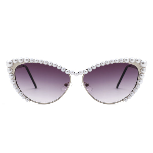 HJ2103 - Pearl-Embellished Cat-Eye Gold-Temple Fashion Wholesale Sunglasses