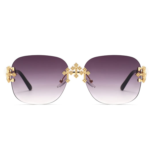 HJ2116 - Rimless Luxurious Square Jeweled Temple Fashion Sunglasses