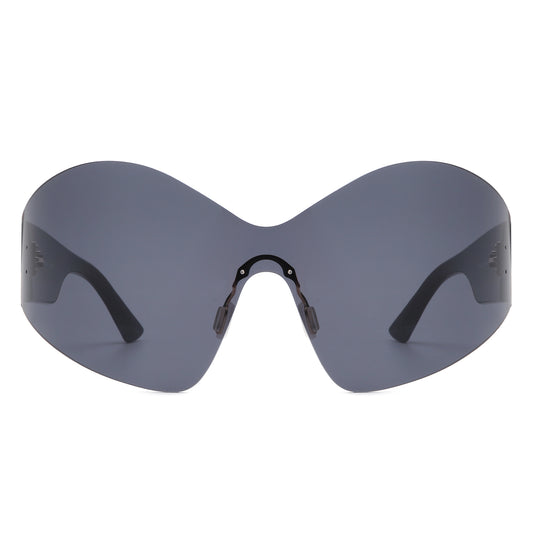 S2126 - Oversize Rimless Wraparound Shield Tinted Fashion Wholesale Sunglasses