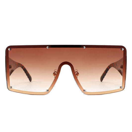 HJ2111 - Oversized Flat Top Stud Trim Shield Wholesale Sunglasses