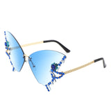 HW3023 - Rimless Oversize Rhinestone Design Butterfly Women Fashion Wholesale Sunglasses