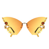 HW3023 - Rimless Oversize Rhinestone Design Butterfly Women Fashion Wholesale Sunglasses