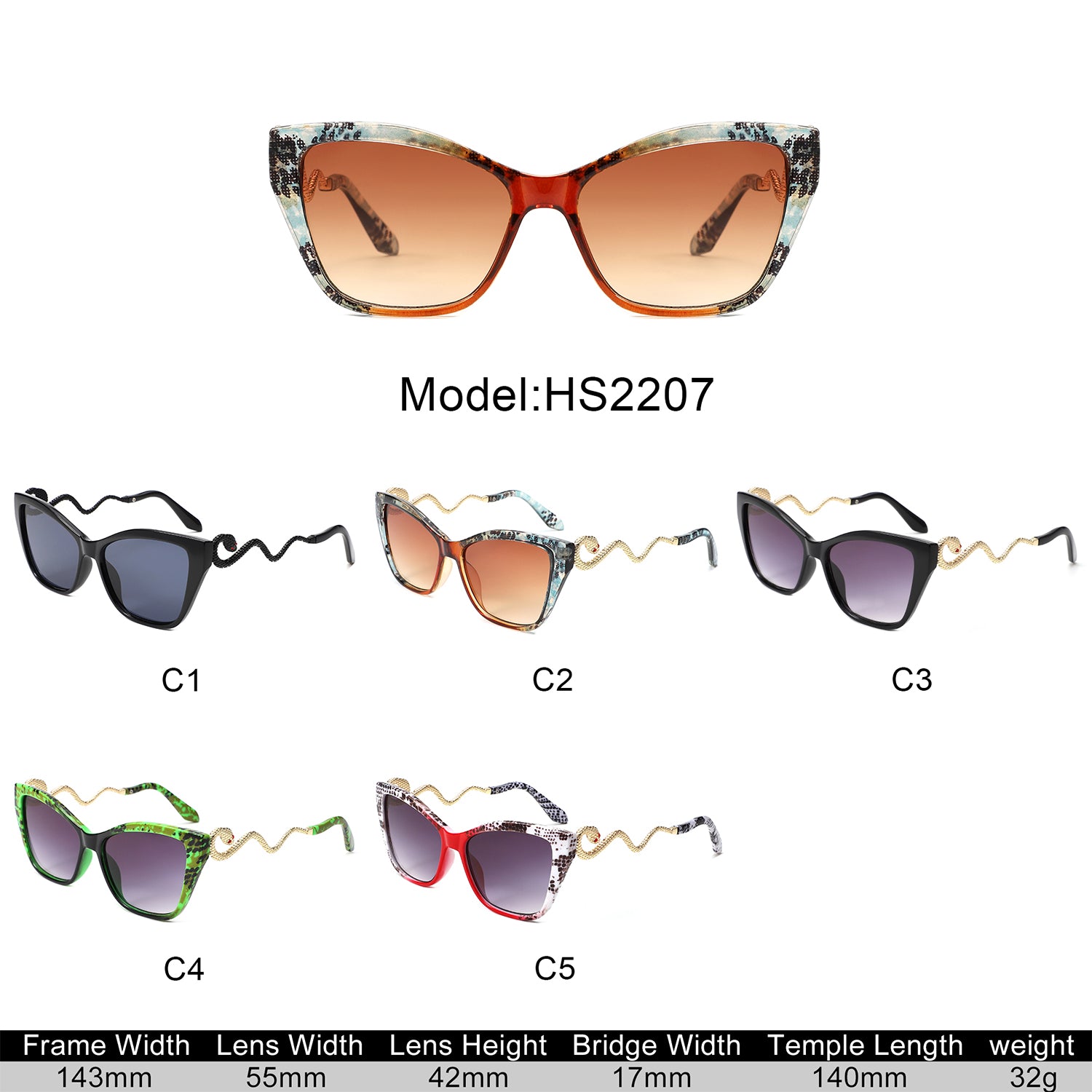 HS2207 - Oversized Square Cat-Eye Wavy Temples Sunglasses - Iris Fashion