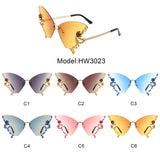 HW3023 - Rimless Oversize Rhinestone Design Butterfly Women Fashion Wholesale Sunglasses