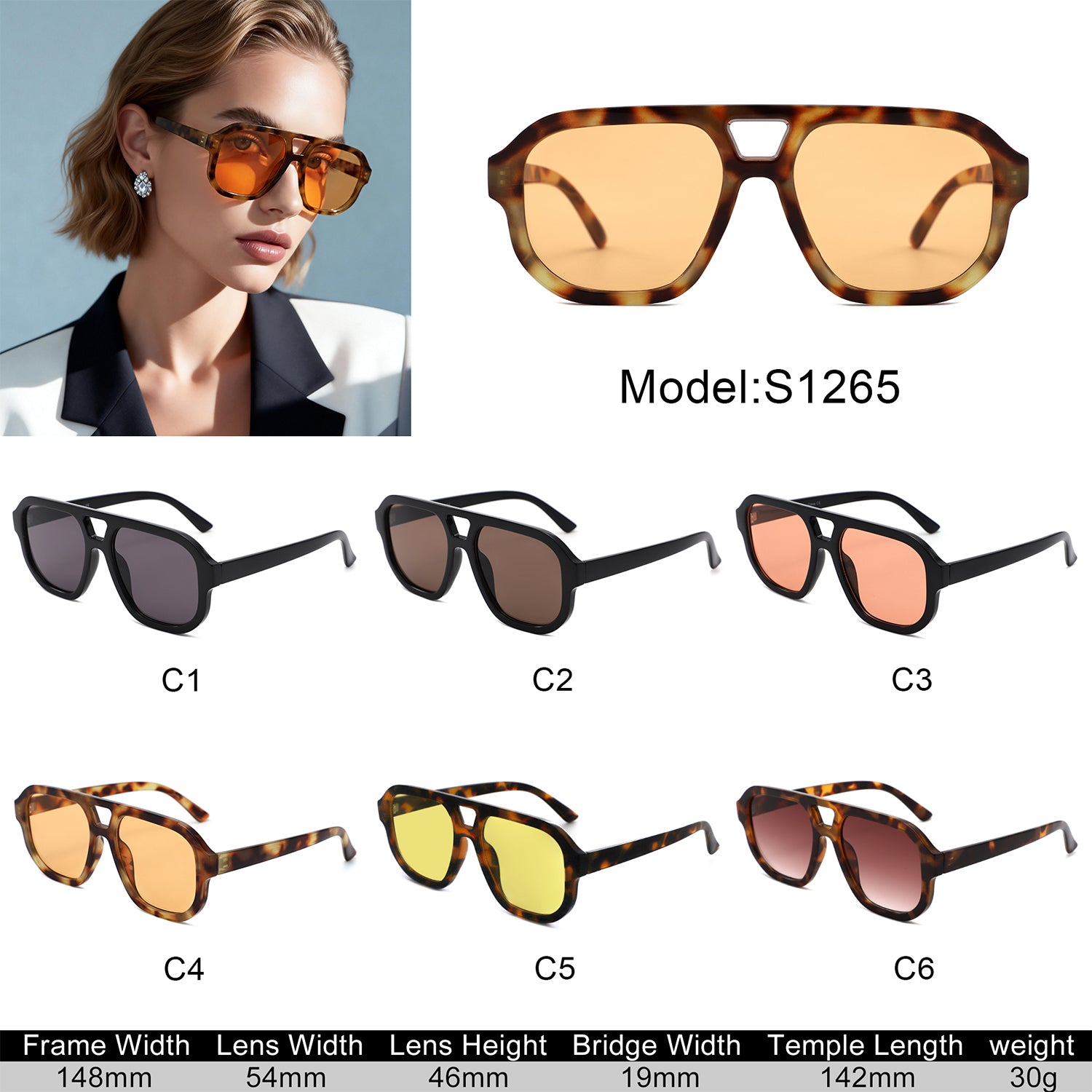 S1265 - Retro Aviator Double Bridge Square Sunglasses - Iris Fashion