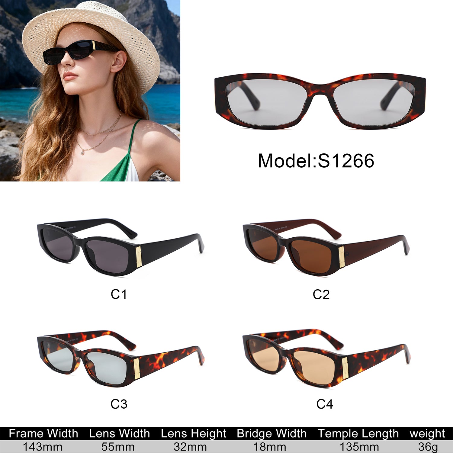 S1266 - Slim Narrow Rectangle Gold Accent Fashion Sunglasses - Iris Fashion