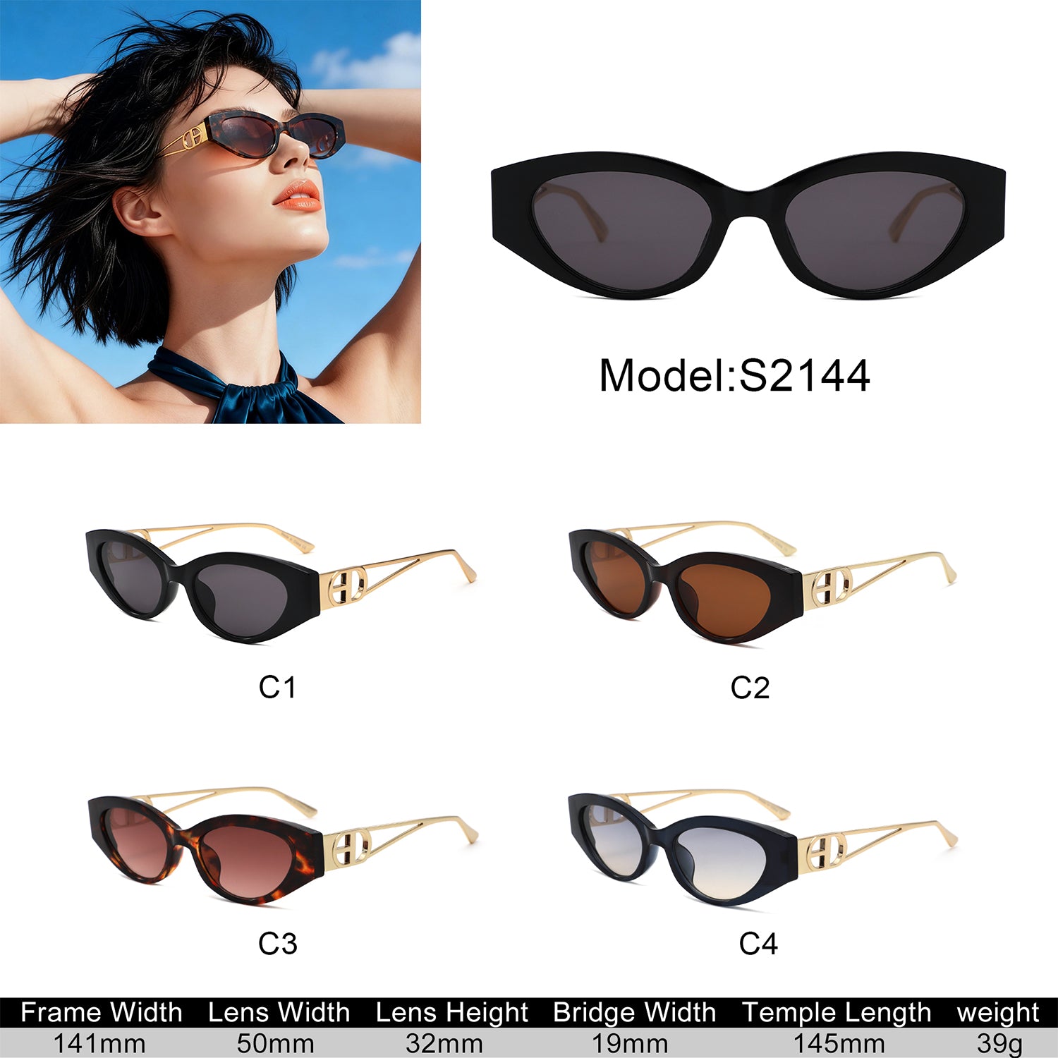 S2144 - Slim Cat Eye Gold Metal Fashion Women Sunglasses - Iris Fashion