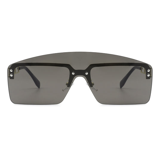 J2027 - Futuristic Retro Rimless Curved Brow-Bar Square Tinted Fashion Sunglasses