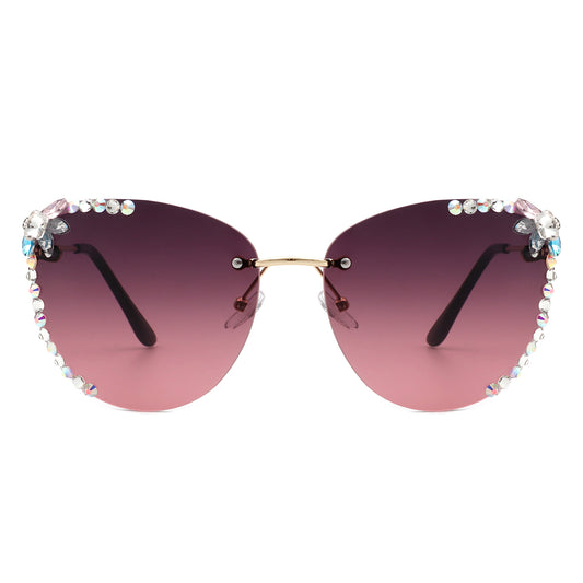 HW2027 - Women Rimless Tinted Chic Rhinestone Fashion Cat Eye Sunglasses