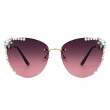 HW2027 - Women Rimless Tinted Chic Rhinestone Fashion Cat Eye Sunglasses