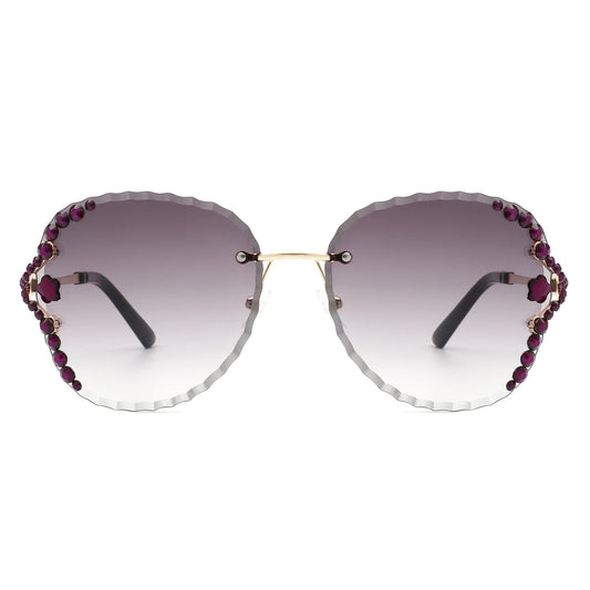 HW2025 - Women Fashion Oversize Rimless Round Rhinestone Sunglasses