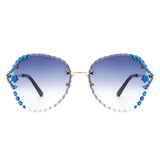 HW2025 - Women Fashion Oversize Rimless Round Rhinestone Sunglasses