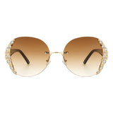 HW2022 - Women Oval Rimless Rhinestone Design Round Oversize Sunglasses