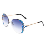 HW2025 - Women Fashion Oversize Rimless Round Rhinestone Sunglasses