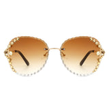 HW2025 - Women Fashion Oversize Rimless Round Rhinestone Sunglasses