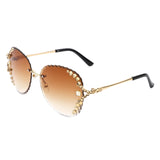 HW2025 - Women Fashion Oversize Rimless Round Rhinestone Sunglasses
