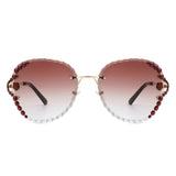HW2025 - Women Fashion Oversize Rimless Round Rhinestone Sunglasses