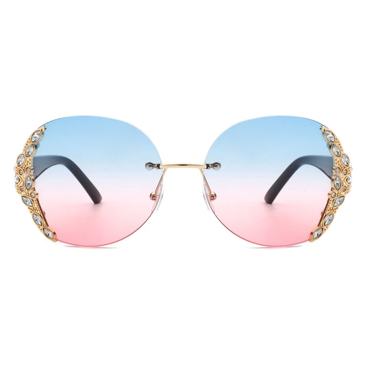 HW2022 - Women Oval Rimless Rhinestone Design Round Oversize Sunglasses