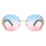 HW2022 - Women Oval Rimless Rhinestone Design Round Oversize Sunglasses