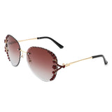 HW2025 - Women Fashion Oversize Rimless Round Rhinestone Sunglasses