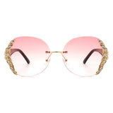 HW2022 - Women Oval Rimless Rhinestone Design Round Oversize Sunglasses