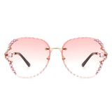 HW2025 - Women Fashion Oversize Rimless Round Rhinestone Sunglasses