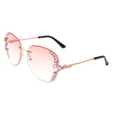 HW2025 - Women Fashion Oversize Rimless Round Rhinestone Sunglasses