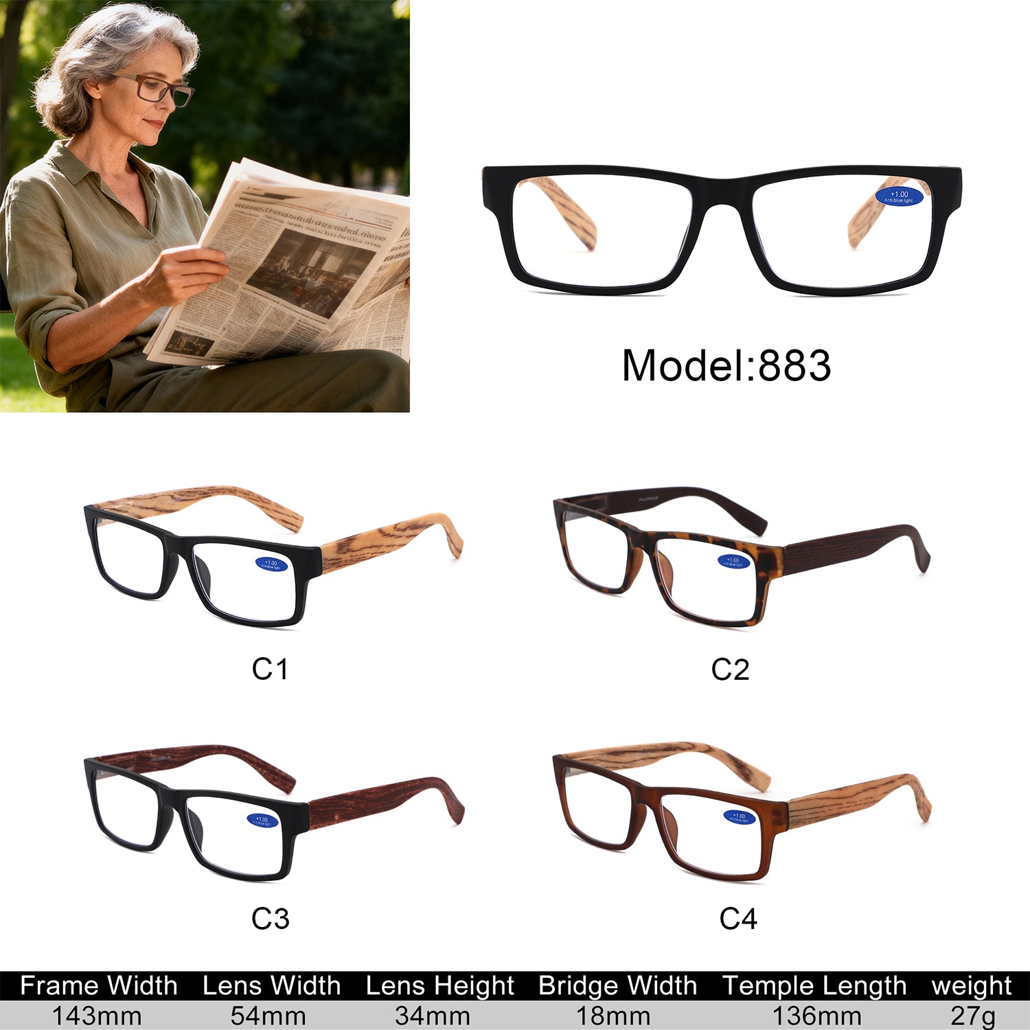 883 - Rectangle Woodgrain Temples Reading Glasses - Iris Fashion