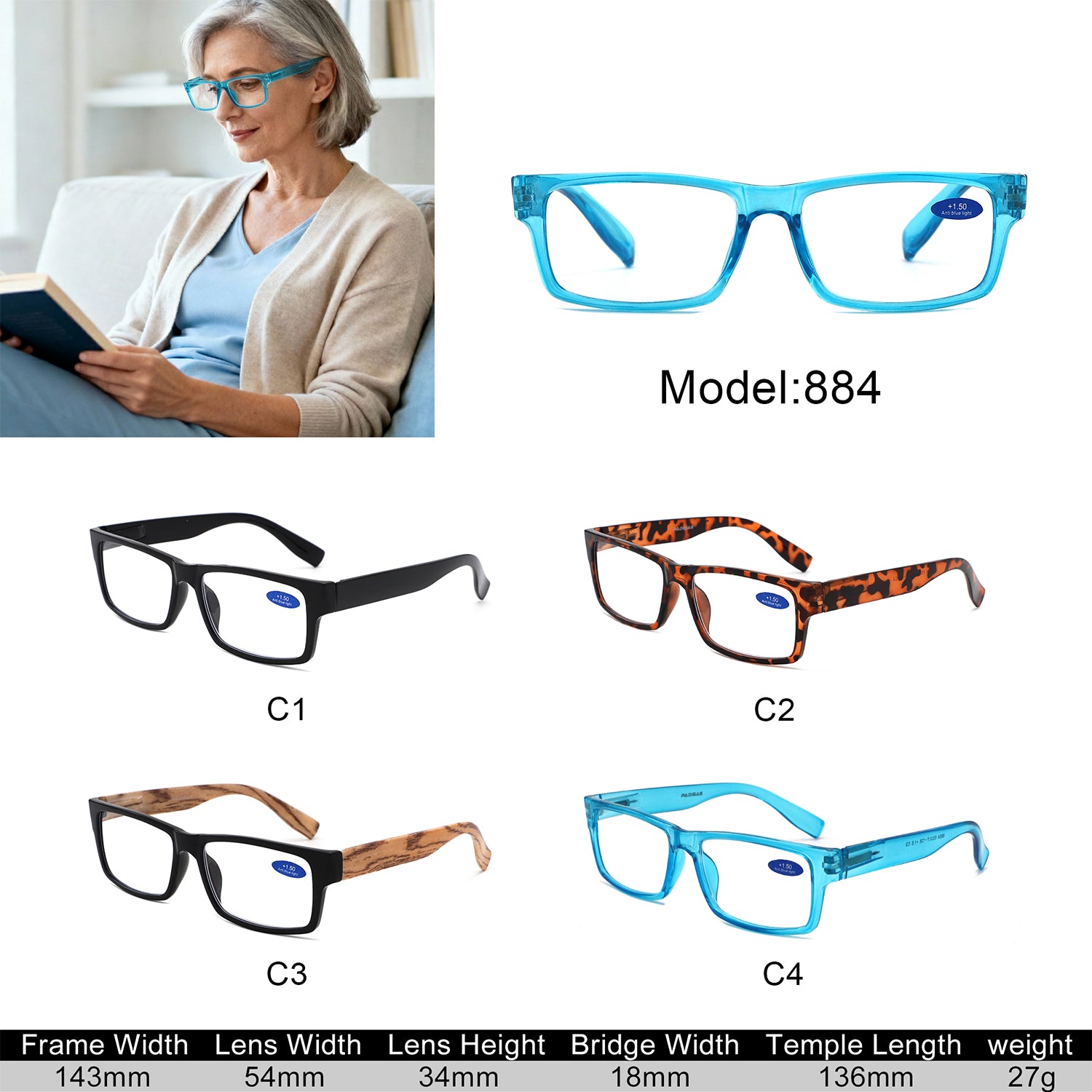 884 - Classic Rectangle Thick Frame Reading Glasses - Iris Fashion