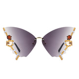 HW3023 - Rimless Oversize Rhinestone Design Butterfly Women Fashion Wholesale Sunglasses