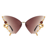 HW3023 - Rimless Oversize Rhinestone Design Butterfly Women Fashion Wholesale Sunglasses