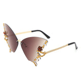 HW3023 - Rimless Oversize Rhinestone Design Butterfly Women Fashion Wholesale Sunglasses