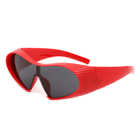 HS1308 - Wrap Around Shield Oversize Winged Bar Sleek Wholesale Sunglasses