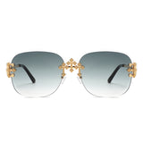 HJ2116 - Rimless Luxurious Square Jeweled Temple Fashion Sunglasses