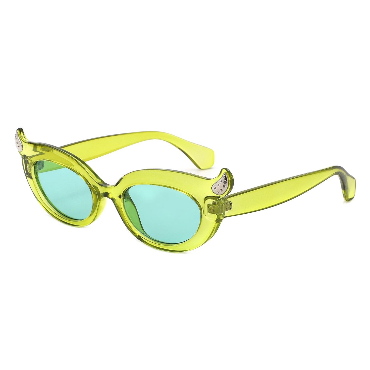 HS1408 - Y2K Oval Cat-Eye Horn Accent Retro Sunglasses - Iris Fashion
