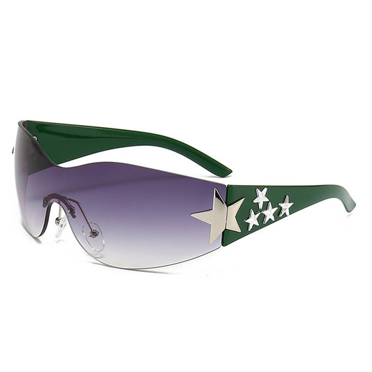 HW2031-1 - Rimless Sleek Wraparound Shield Star Design Wholesale Fashion Sunglasses