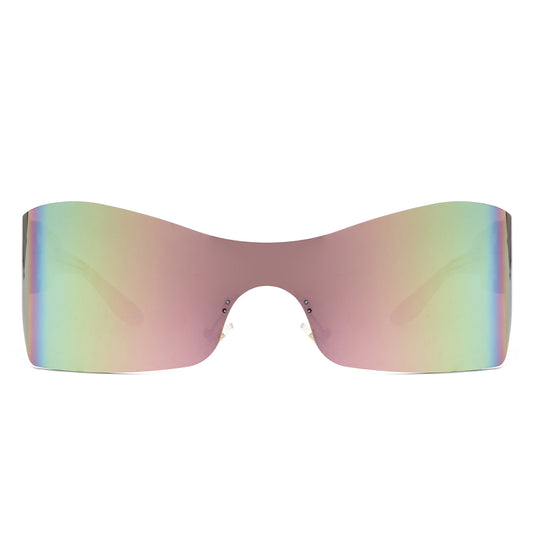 HW1010 - Futuristic Square Mirrored Flat Top Wrap Around Shield Wholesale Sunglasses