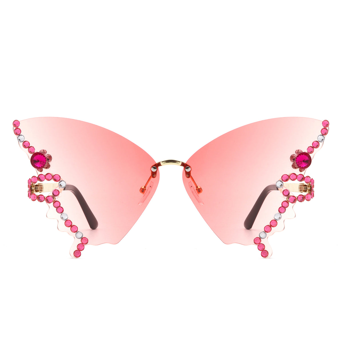 HW3023 - Rimless Oversize Rhinestone Design Butterfly Women Fashion Wholesale Sunglasses