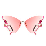 HW3023 - Rimless Oversize Rhinestone Design Butterfly Women Fashion Wholesale Sunglasses