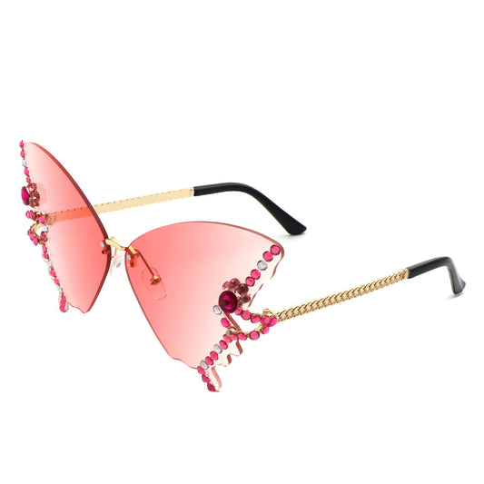 HW3023 - Rimless Oversize Rhinestone Design Butterfly Women Fashion Wholesale Sunglasses