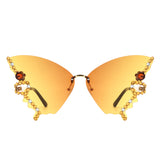 HW3023 - Rimless Oversize Rhinestone Design Butterfly Women Fashion Wholesale Sunglasses