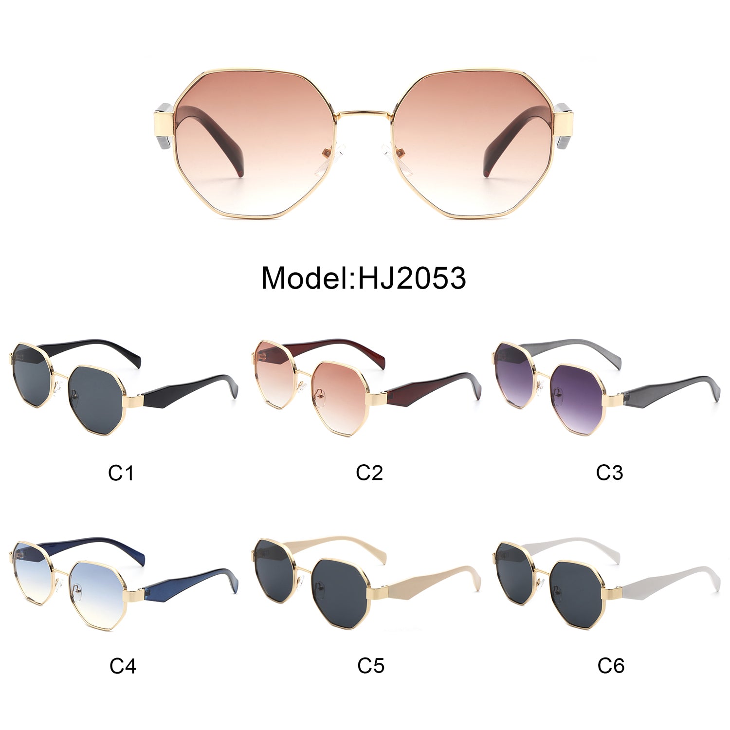 HJ2053 - Hexagonal Flat Lens Round Geometric Retro Wholesale Sunglasses