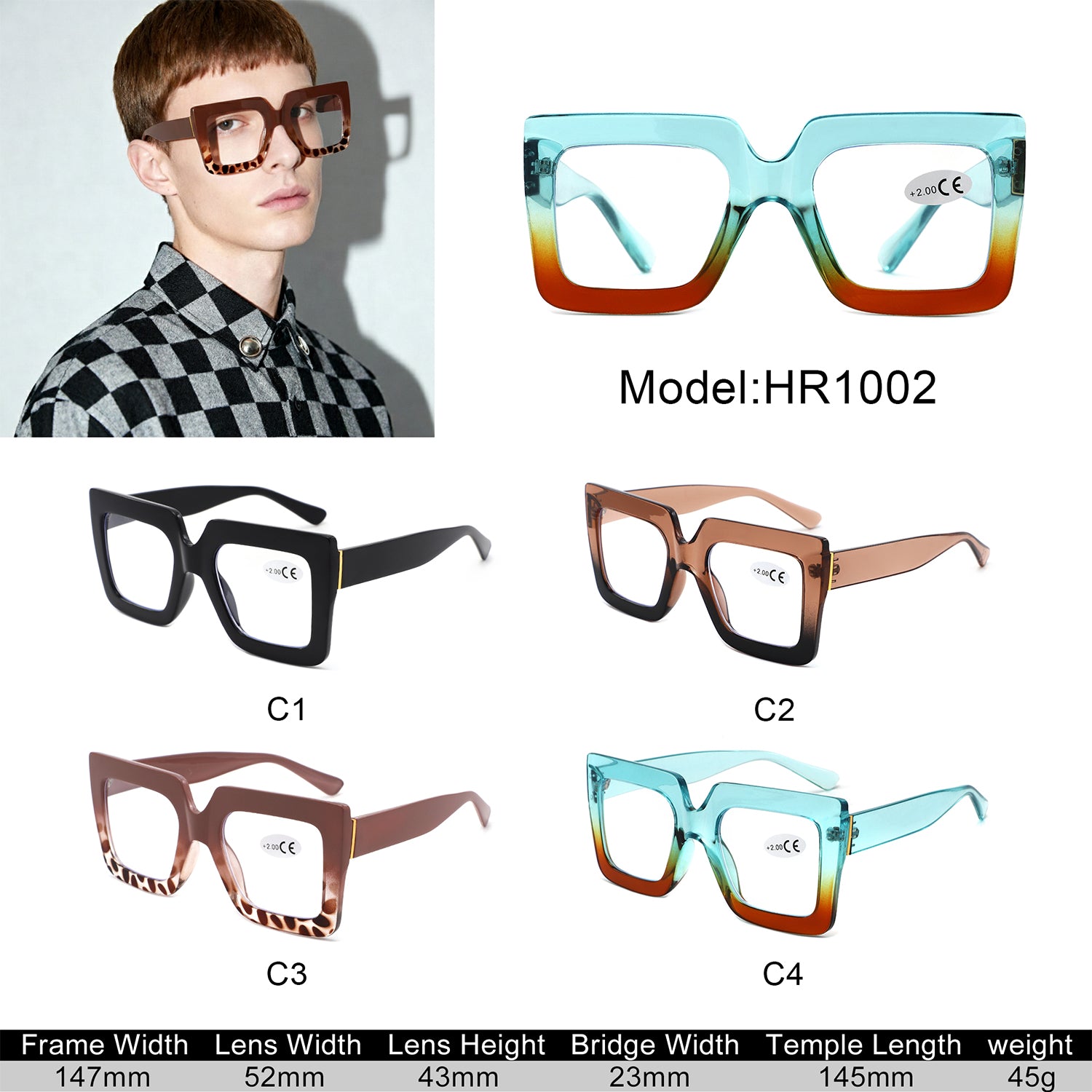 HR1002 - Oversize Square Reading Glasses - Iris Fashion