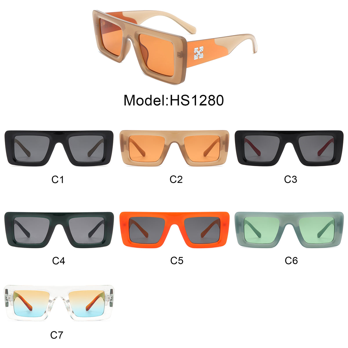 HS1280 - Square Retro Flat Top Thick Frame Two-Tone  Fashion Wholesale Sunglasses