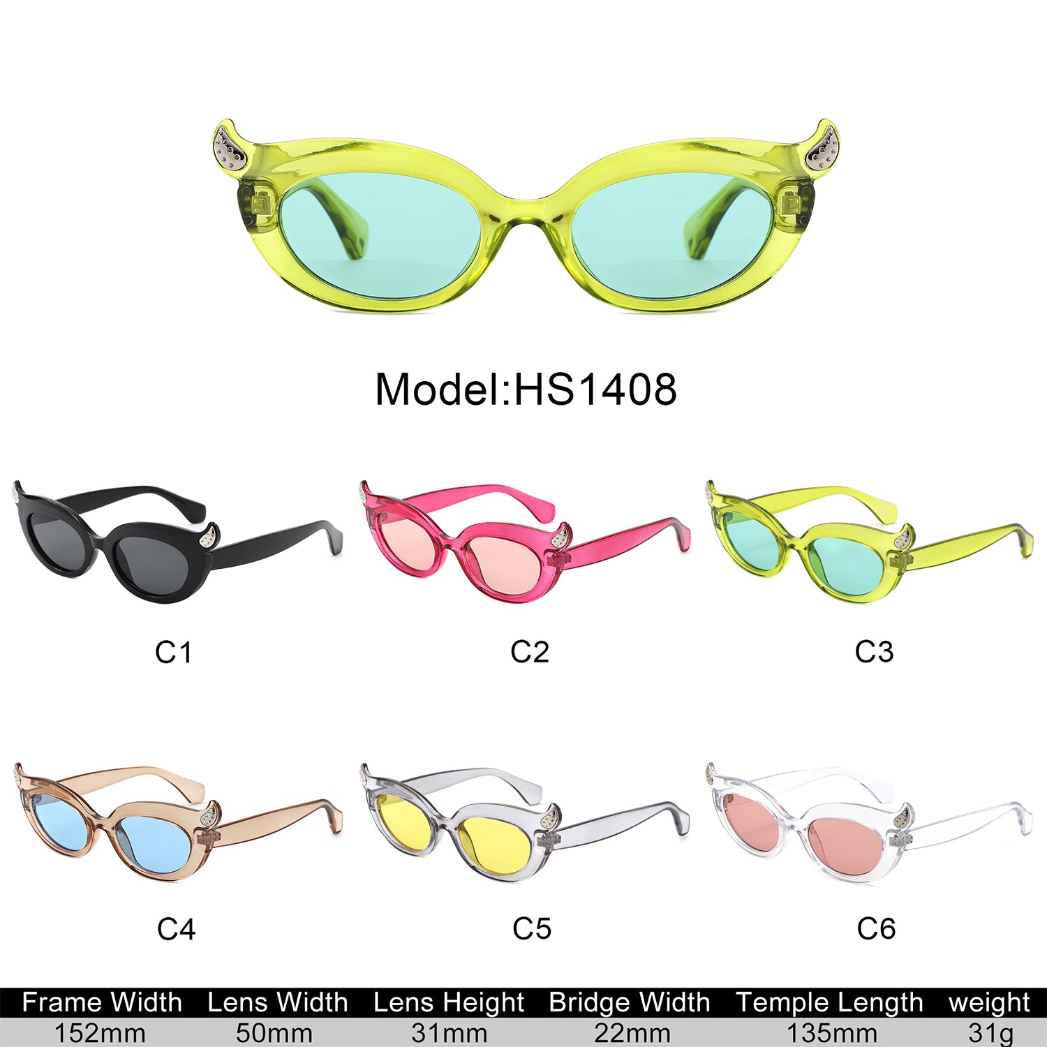 HS1408 - Y2K Oval Cat-Eye Horn Accent Retro Sunglasses - Iris Fashion