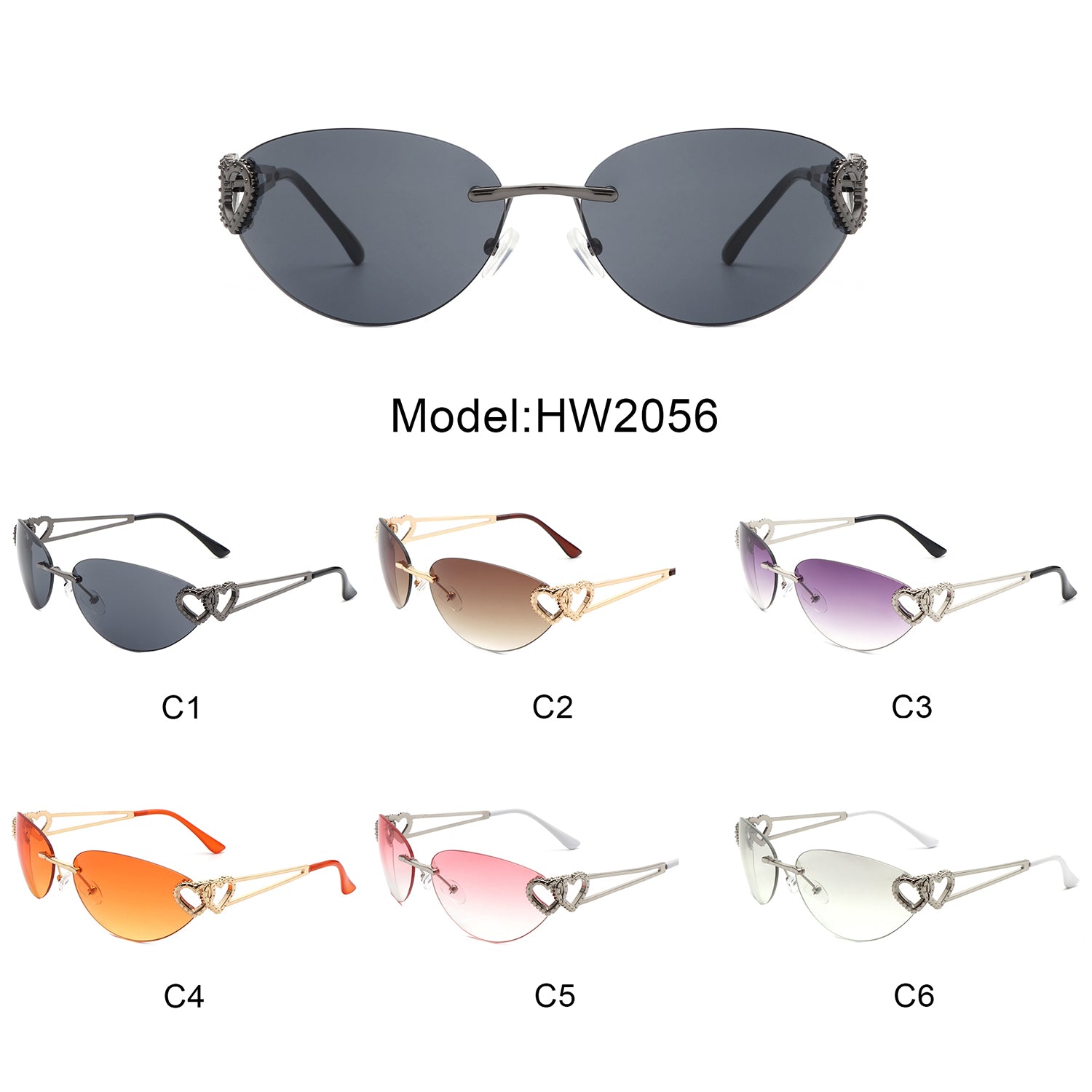 HW2056 - Women Chic Frameless Oval Fashion Heart Design Cat Eye Wholesale Sunglasses