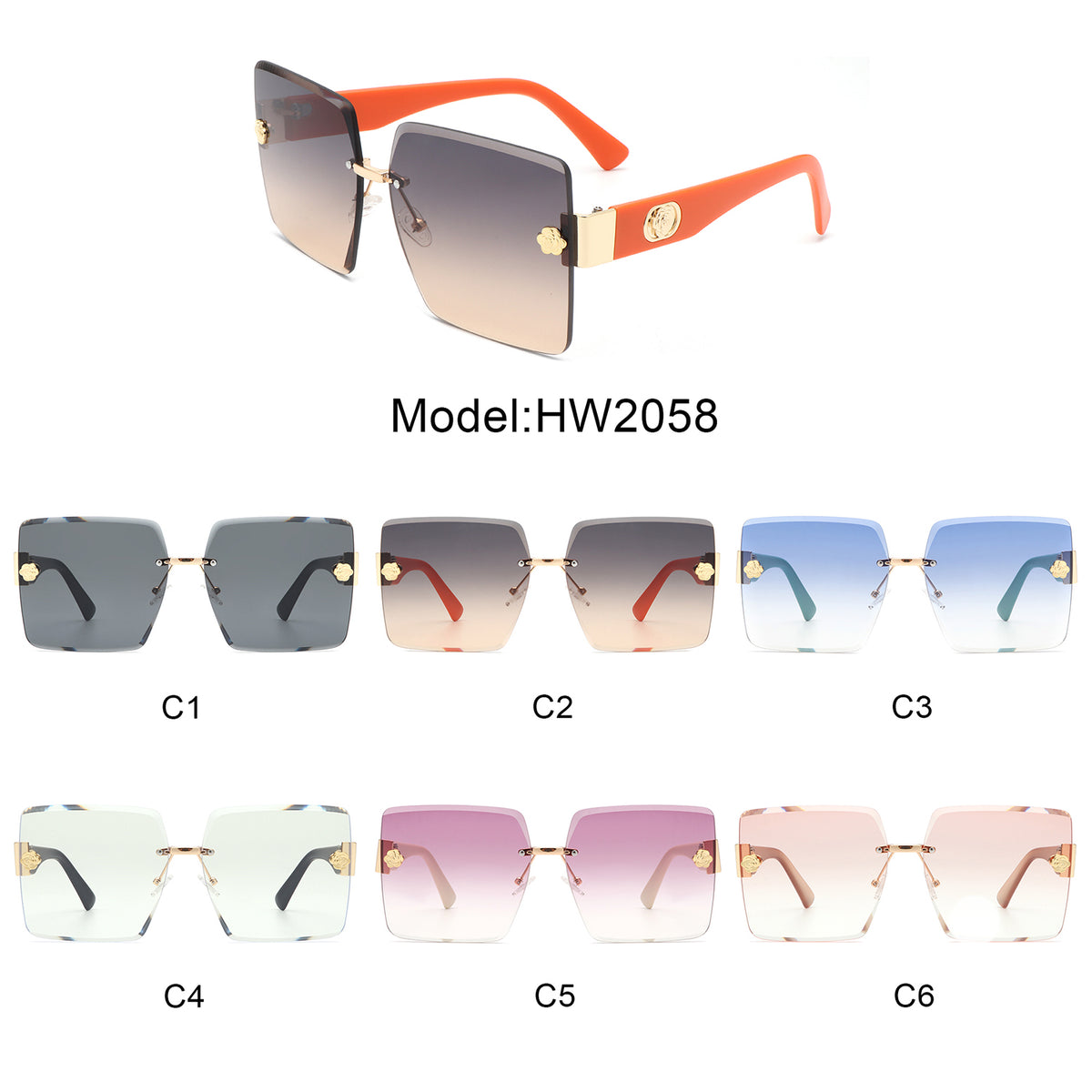 HW2058 - Rimless Square Flat Top Oversize Women Fashion Wholesale Sunglasses