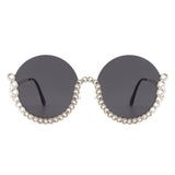 HJ3015 - Women Circle Half Frame Oversize Rhinestone Fashion Round Sunglasses