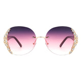 HW2022 - Women Oval Rimless Rhinestone Design Round Oversize Sunglasses