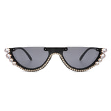 HW2006 - Half Frame Retro Round Cat Eye Rhinestone Fashion Sunglasses